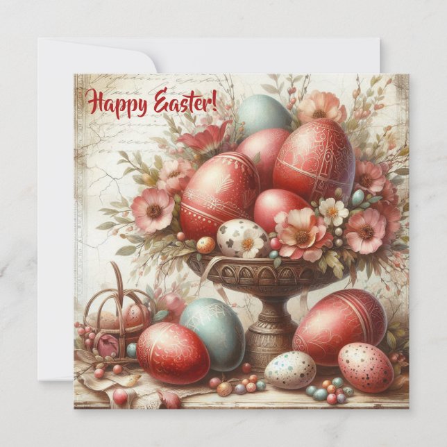 Cartes Pour Fêtes Annuelles Œufs de Pâques rouges rétro fantaisistes fleurs pr (Devant)