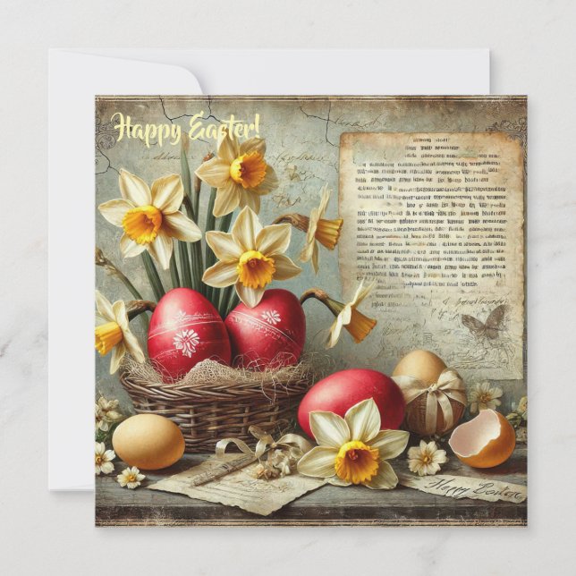 Cartes Pour Fêtes Annuelles Œufs de Pâques rouges rétro fantaisistes jonquille (Devant)
