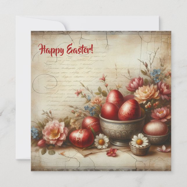 Cartes Pour Fêtes Annuelles Œufs de Pâques rouges rétro fleurs printanières aq (Devant)
