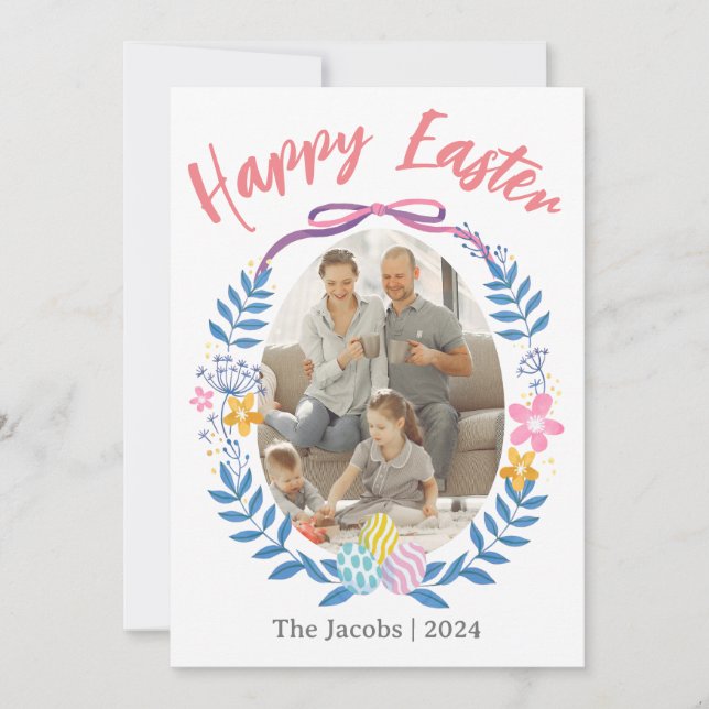 Cartes Pour Fêtes Annuelles Oeufs élégants Joyeux Pâques famille une photo (Devant)