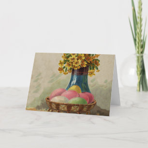 Cartes Pour Fêtes Annuelles Oeufs Pâques Panier Fleurs Antique