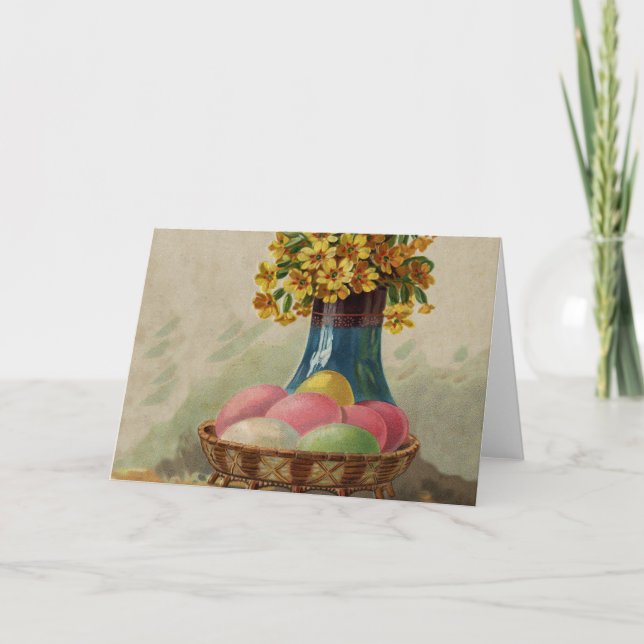 Cartes Pour Fêtes Annuelles Oeufs Pâques Panier Fleurs Antique (Devant)
