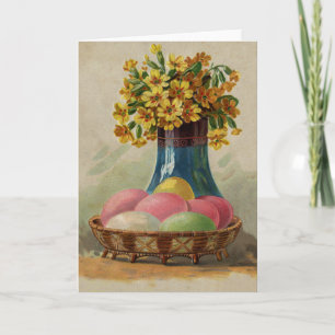 Cartes Pour Fêtes Annuelles Oeufs Pâques Panier Fleurs Antique