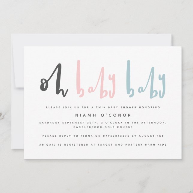 Cartes Pour Fêtes Annuelles Oh bébé baby shower moderne contemporain jumeau (Devant)