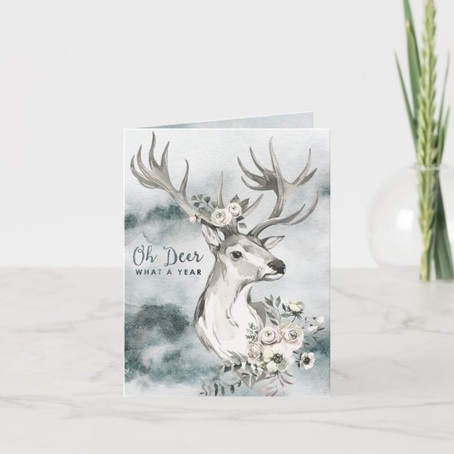 Cartes Pour Fêtes Annuelles Oh Deer, quelle année | Aquarelle Cerf avec fleurs (Devant)