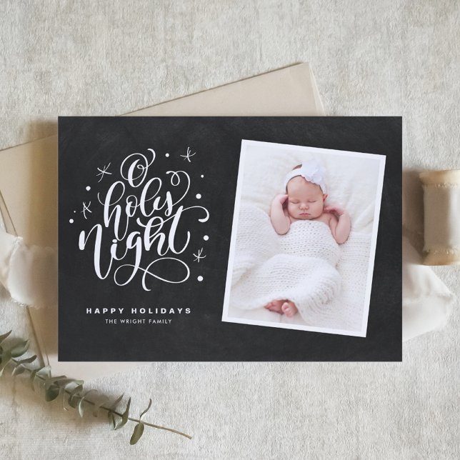 Cartes Pour Fêtes Annuelles Oh Holy Night Script Rustique Chalkboard Photo (Créateur téléchargé)