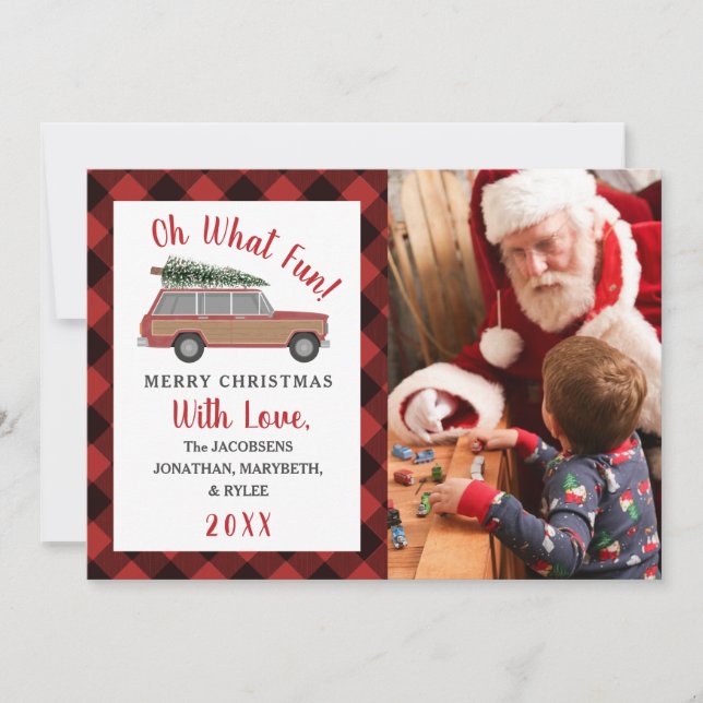Cartes Pour Fêtes Annuelles Oh Quelle Amusement Chariot Bois Plaid Noël Photo (Devant)