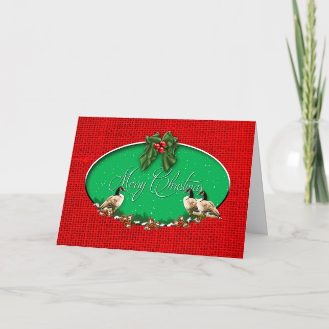 Cartes Pour Fêtes Annuelles Oies de Noël - Burlap rouge et neige (Devant)