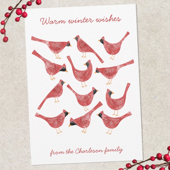 Cartes Pour Fêtes Annuelles Oiseau cardinal festif aquarelle personnalisé (Fun red and white watercolor Cardinal bird personalized Christmas Holiday card)