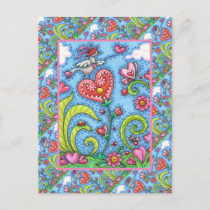 CARTES POUR FÊTES ANNUELLES OISEAU D'ART FOLK, VALENTINE HEARTS GARDEN