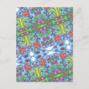 CARTES POUR FÊTES ANNUELLES OISEAU D'ART FOLK, VALENTINE HEARTS GARDEN