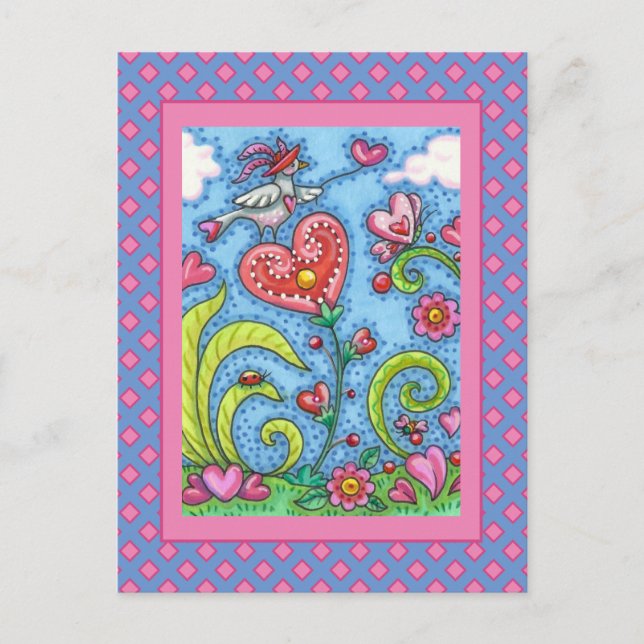 CARTES POUR FÊTES ANNUELLES OISEAU D'ART FOLK, VALENTINE HEARTS GARDEN (Devant)