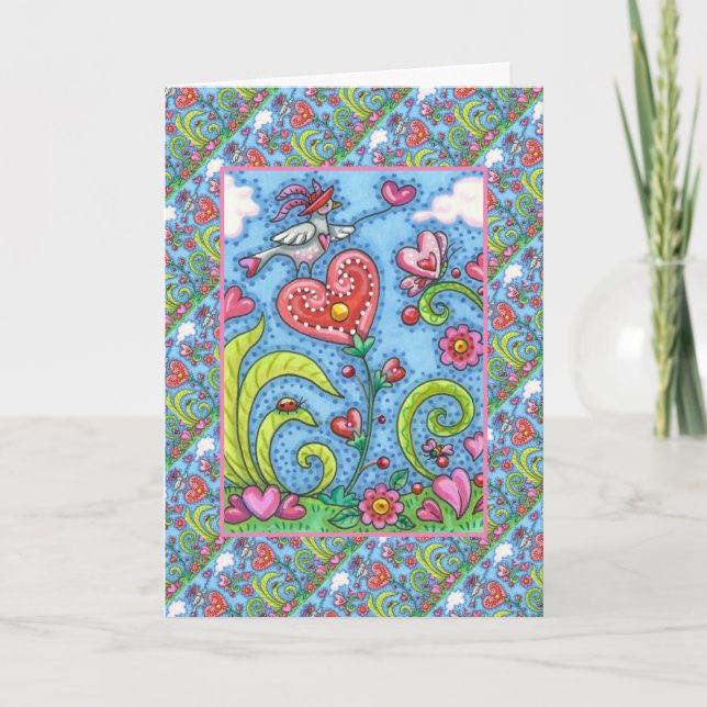 CARTES POUR FÊTES ANNUELLES OISEAU D'ART FOLK WHIMSICAL, VALENTINE HEARDEN GAR (Devant)
