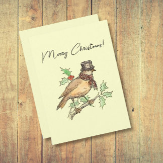 Cartes Pour Fêtes Annuelles Oiseau de Noël Vintage sur Holly Branch