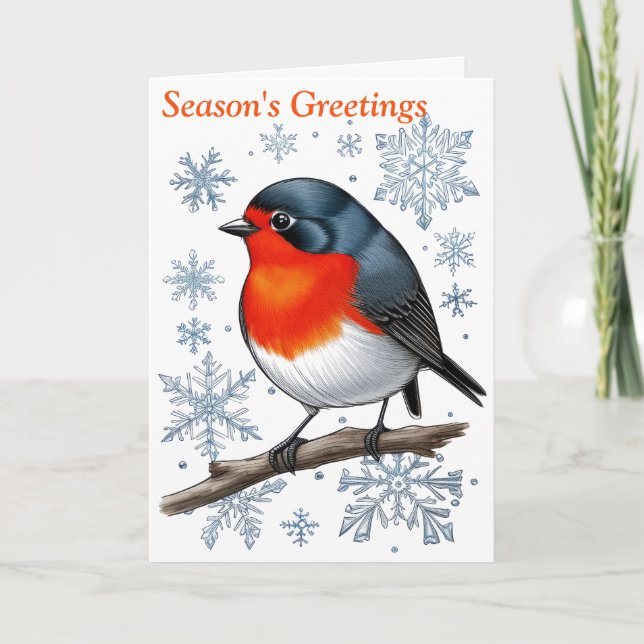 Cartes Pour Fêtes Annuelles Oiseau de Robin Rouge aux flocons de neige (Devant)