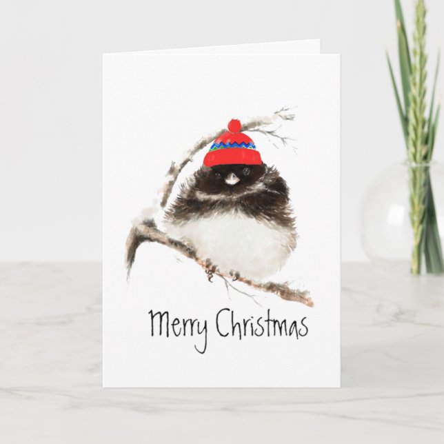 Cartes Pour Fêtes Annuelles Oiseau mignon d'hiver dans le casquette, Noël, (Devant)