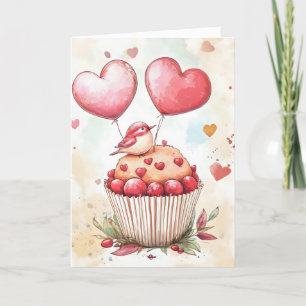 Cartes Pour Fêtes Annuelles Oiseau mignon sur ballons coeurs de cupcake