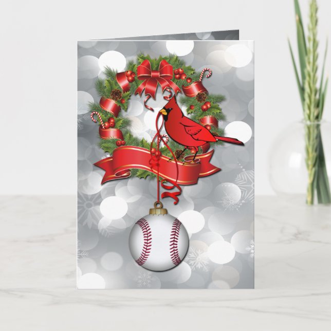 Cartes Pour Fêtes Annuelles Oiseau rouge de Noël de baseball d'argent (Devant)