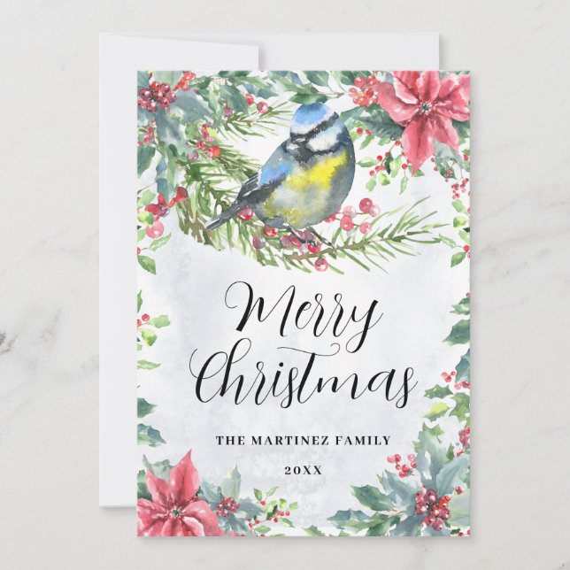 Cartes Pour Fêtes Annuelles Oiseau sur une branche Poinsettia Joyeux Noël (Devant)