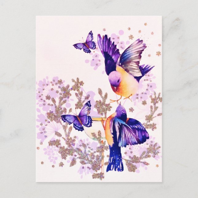 Cartes Pour Fêtes Annuelles Oiseaux à l'aquarelle Fleurs Violet Paillettes (Devant)