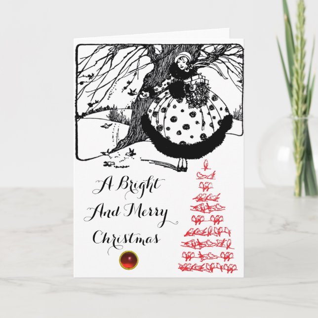Cartes Pour Fêtes Annuelles OISEAUX ARBRE ET CHRISTMAS LADY Black White Red Ge (Devant)