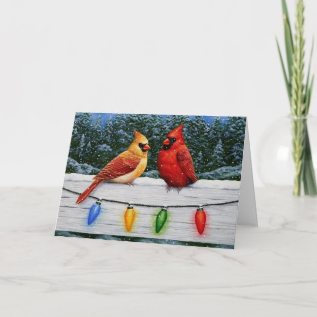 Cartes Pour Fêtes Annuelles Oiseaux cardinaux et lumières de Noël (Devant)