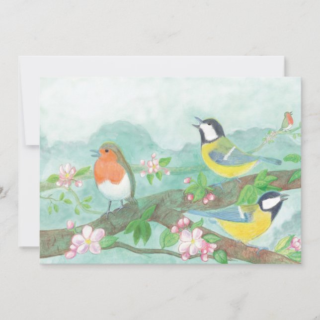 Cartes Pour Fêtes Annuelles Oiseaux chantant sur une branche d'arbre en fleurs (Devant)