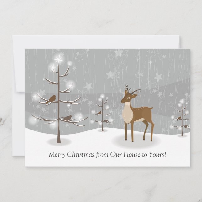 Cartes Pour Fêtes Annuelles Oiseaux de cerfs Snowflakes Forêt Noël (Devant)