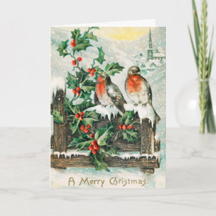 Cartes Pour Fêtes Annuelles Oiseaux de Noël Vintage et Neige d'hiver Holly