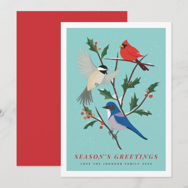 Cartes Pour Fêtes Annuelles Oiseaux d'hiver illustrés (Devant / Derrière)