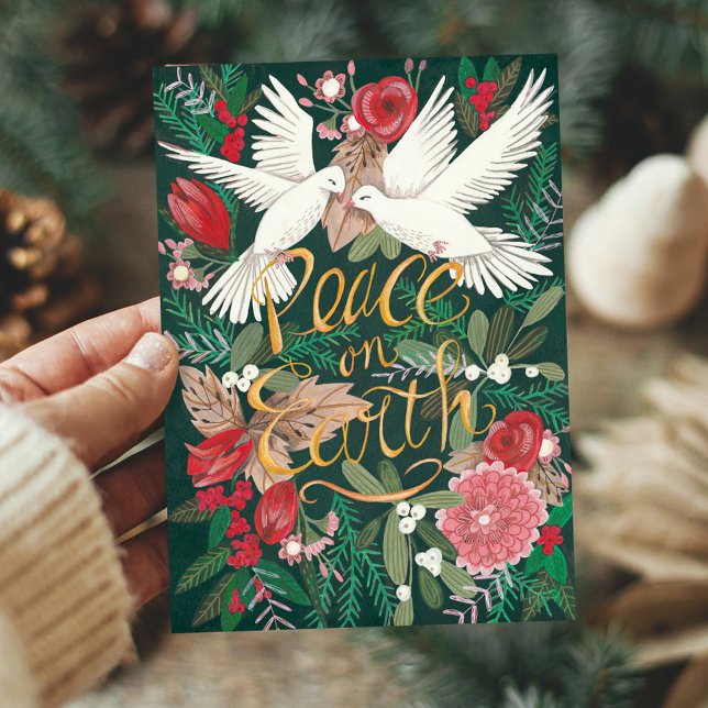 Cartes Pour Fêtes Annuelles Oiseaux élégants botaniques de colombe du vert | (Botanical Elegant Green | Dove Birds Floral Holiday Card)