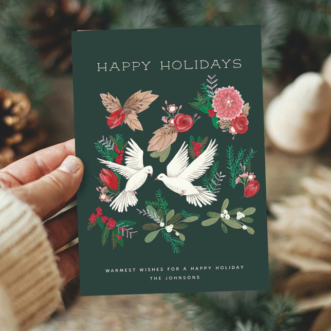 Cartes Pour Fêtes Annuelles Oiseaux élégants verts et de beige de colombe (Elegant Green & Beige Dove Birds Floral Holiday Card)