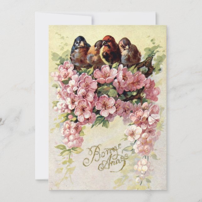 Cartes Pour Fêtes Annuelles Oiseaux et fleurs Vintages Bonne Annee (Devant)