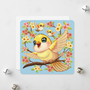 Cartes Pour Fêtes Annuelles Oiseaux mignons et heureux parmi les fleurs du pri