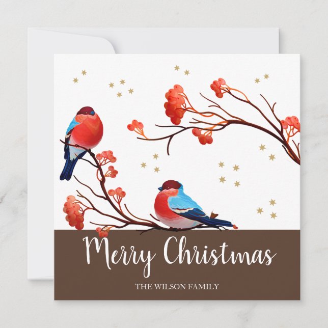Cartes Pour Fêtes Annuelles Oiseaux mignons Robin sur le Berry Rouge (Devant)
