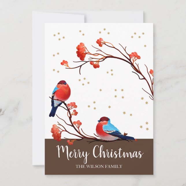 Cartes Pour Fêtes Annuelles Oiseaux mignons Robin sur le Berry Rouge (Devant)