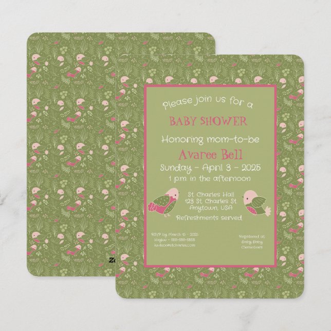 Cartes Pour Fêtes Annuelles Oiseaux mignons verts et roses Baby Girl Douche (Devant / Derrière)