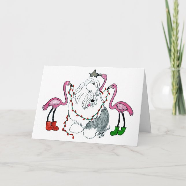 Cartes Pour Fêtes Annuelles Old English Sheepdog et Flamants roses roses Noël (Devant)