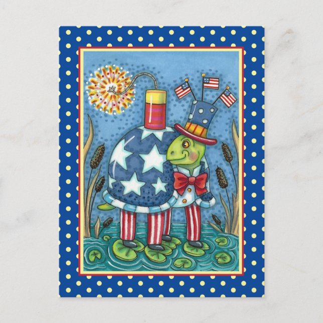Cartes Pour Fêtes Annuelles Oncle PATRIOTIQUE SAM TURTLE, FUNNY FIRECRACKER Cu (Devant)