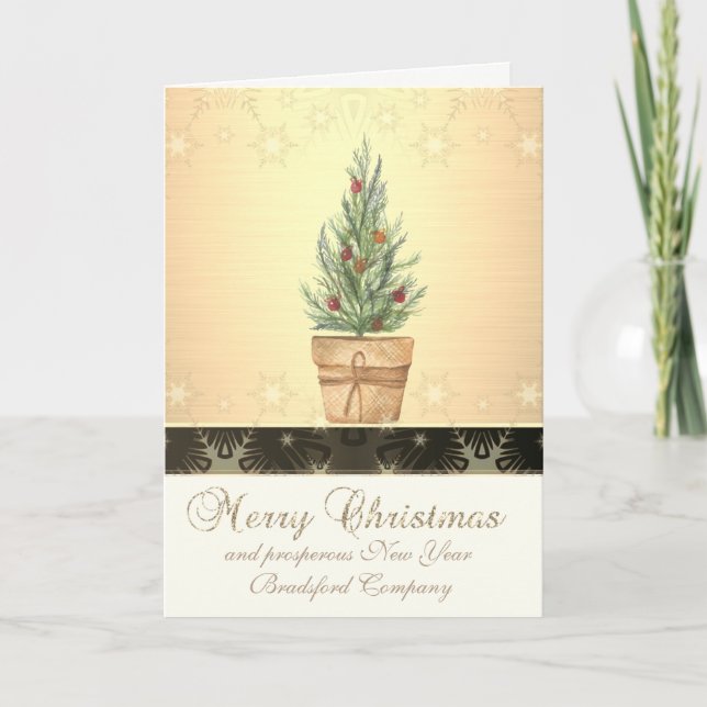 Cartes Pour Fêtes Annuelles Or, Noir, Aquarelle Arbre de Noël, Entreprise (Devant)