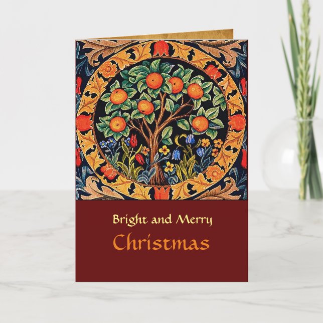 CARTES POUR FÊTES ANNUELLES ORANGE ARBRE AVEC FEUILLES VERTS, FLEURS (Devant)