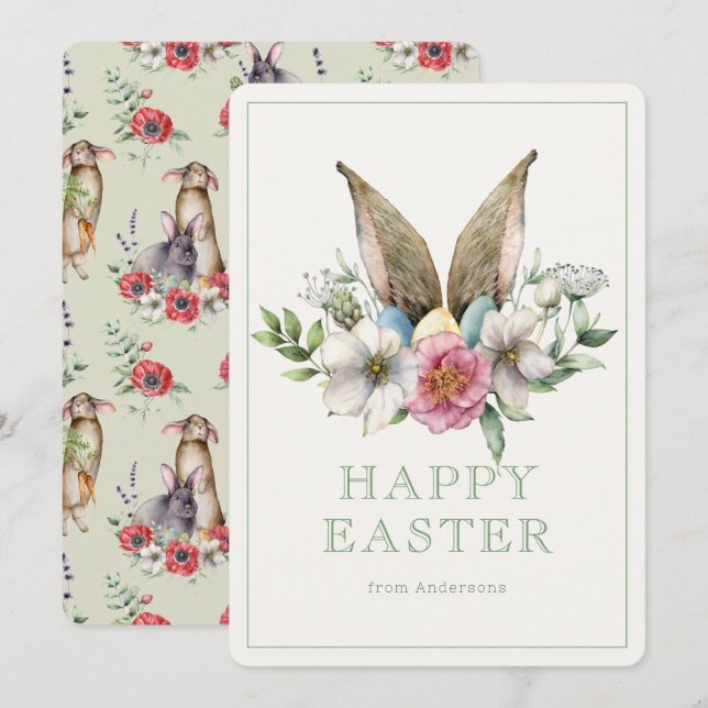 Cartes Pour Fêtes Annuelles Oreilles et oeufs de lapin floral Pâques (Devant / Derrière)