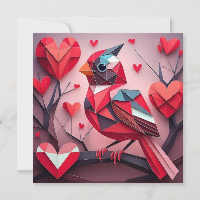 Cartes Pour Fêtes Annuelles Origami Style Cardinal avec Coeurs Valentine (Devant)