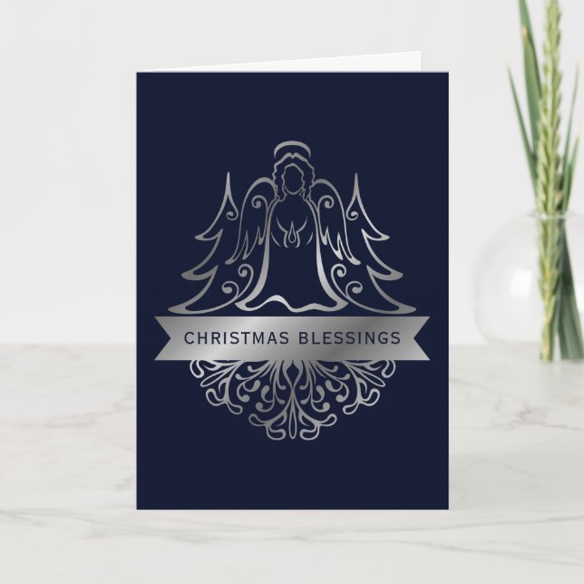 Cartes Pour Fêtes Annuelles Ornate Argent Ange Bénédiction de Noël Marine (Devant)