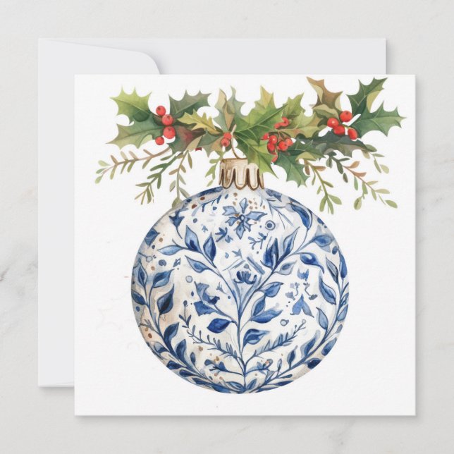 Cartes Pour Fêtes Annuelles Ornement Boule Chinoisserie Bleu avec Houx Vert (Devant)