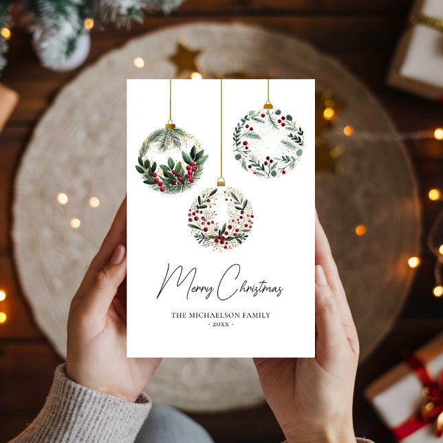 Cartes Pour Fêtes Annuelles Ornement de verdure Bauble Aquarelle Noël (Greenery Ornament Bauble Watercolor Christmas Holiday Card)
