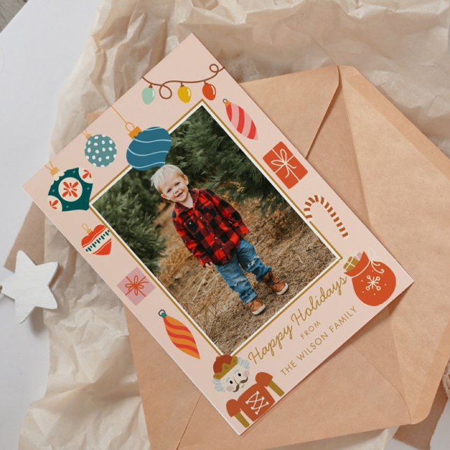 Cartes Pour Fêtes Annuelles Ornement Rose de Noël Photo de Famille Mignonne (Créateur téléchargé)