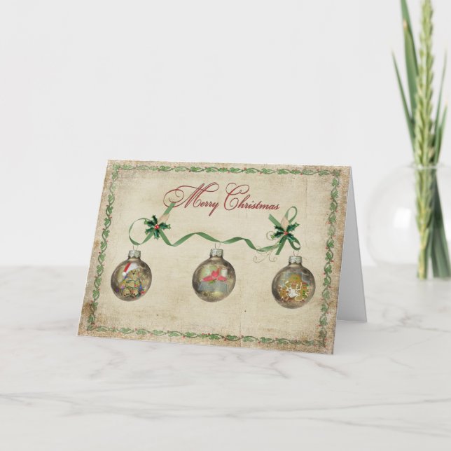 Cartes Pour Fêtes Annuelles Ornements de vacances avec ruban vert (Devant)