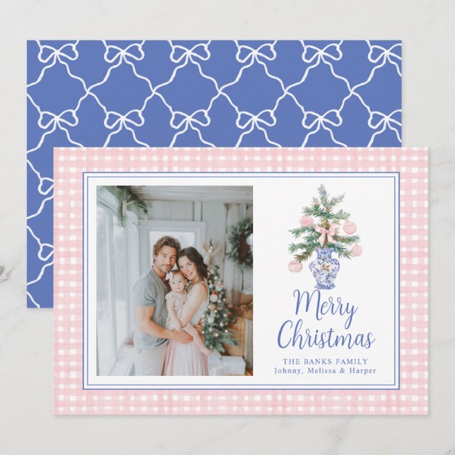 Cartes Pour Fêtes Annuelles Ornements Rose Preppy Arbre de Noël Aquarelle (Devant / Derrière)