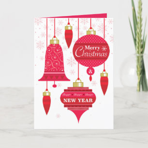 Cartes Pour Fêtes Annuelles  Ornements Rouge Rétro Avec Flammes De Neige Rose 